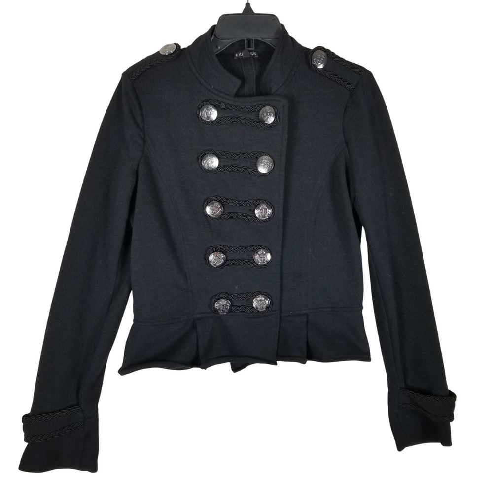 Express Military Jacket Womens Medium Black Braided Trim Silver Crest Buttons